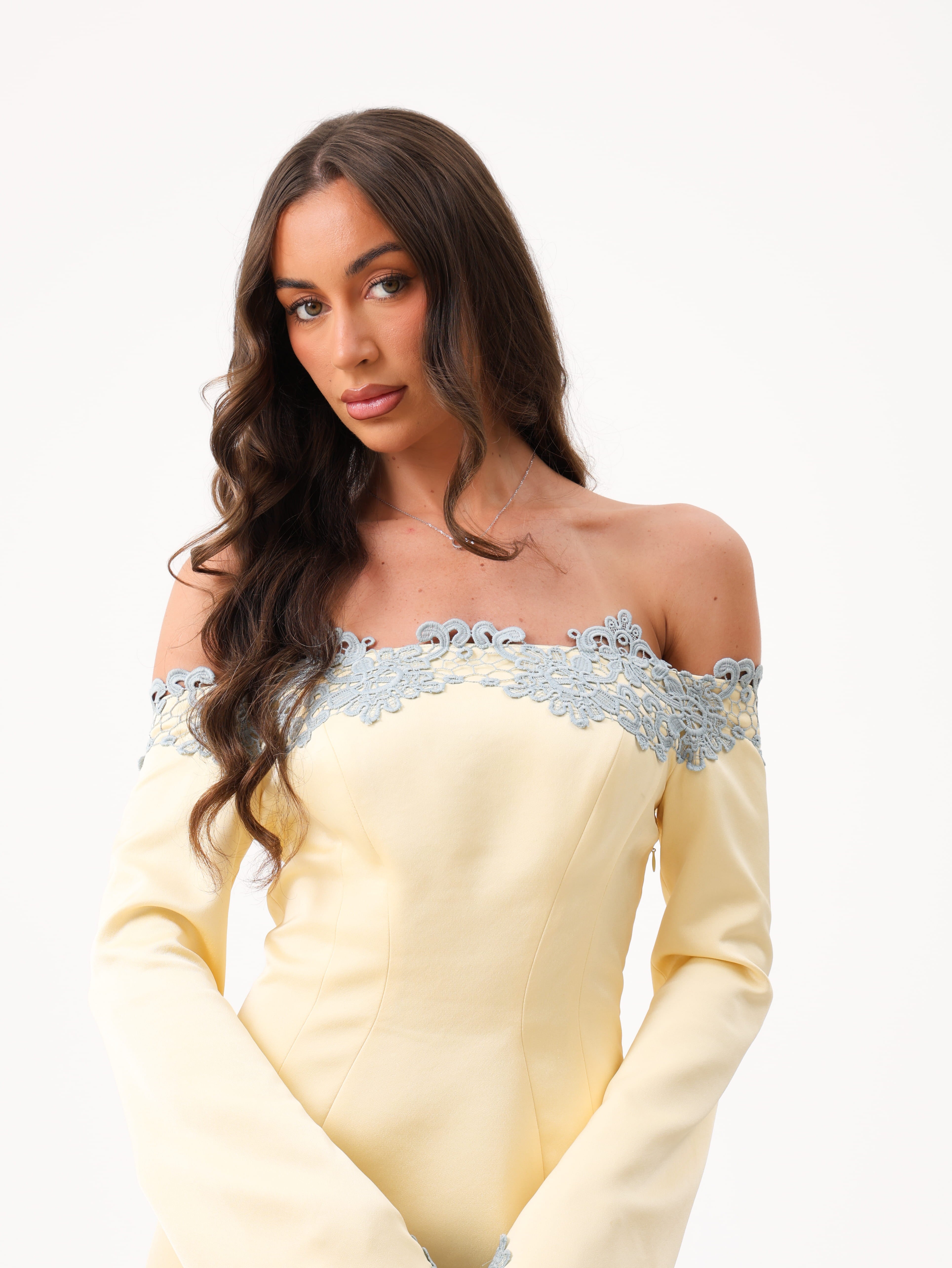 A woman modeling an off-the-shoulder pale yellow dress with light blue lace trim across the neckline, set against a plain white background.